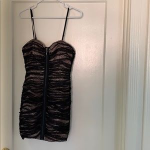 New black lace nude zip front body con dress